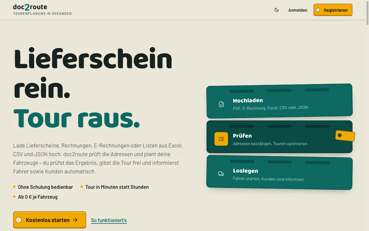 Startseite von doc2route.de: Schlagzeile „Lieferschein rein. Tour raus.“ neben drei Schritt-Karten