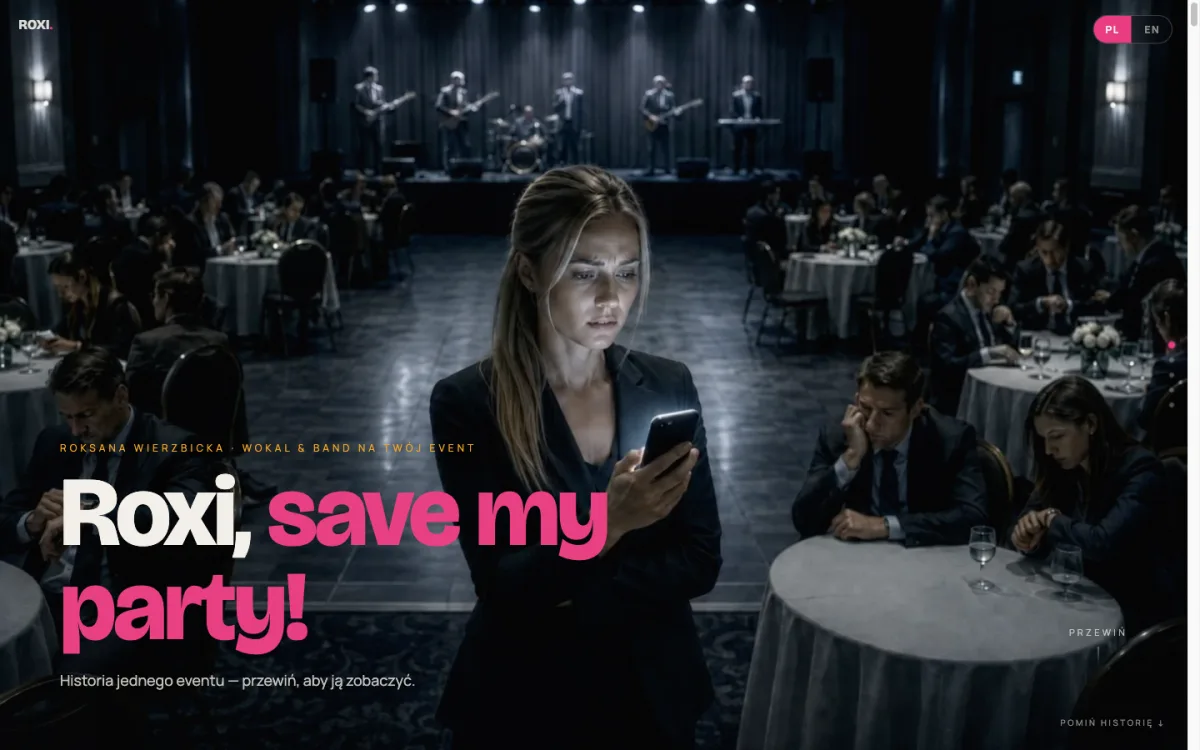 Startseite von roksanawierzbicka.pl: Sängerin im dunklen Saal, Schriftzug „Roxi, save my party!“