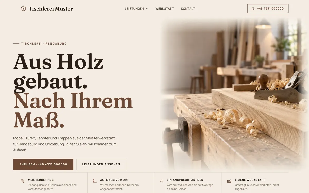 Startseite der Beispiel-Website Tischlerei Muster