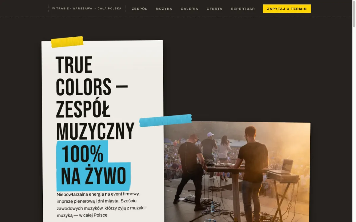 Startseite von truecolorsband.com.pl mit Bandfoto und Papier-Collage